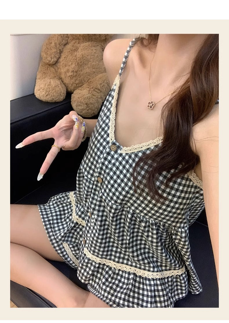 Bộ ngủ 2 dây quần đùi caro trắng đen