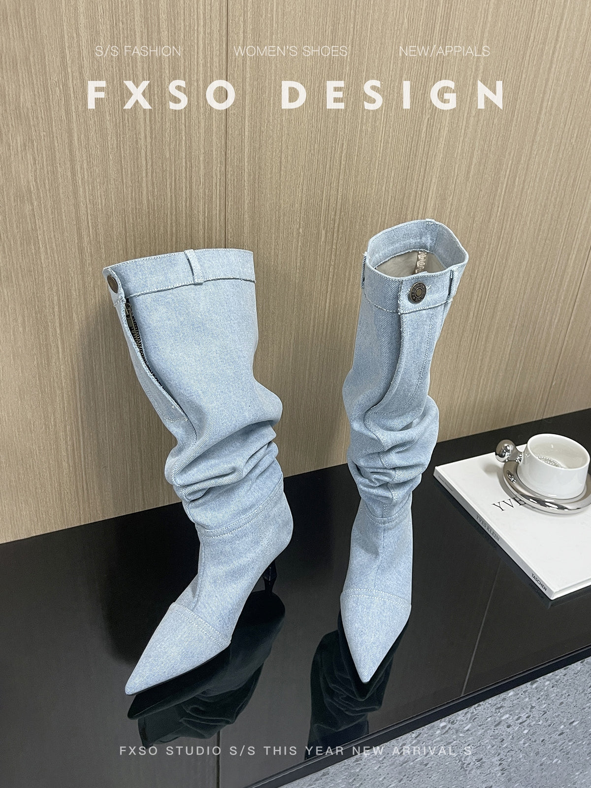 Giày boots da cao gót phong cách jean thời trang