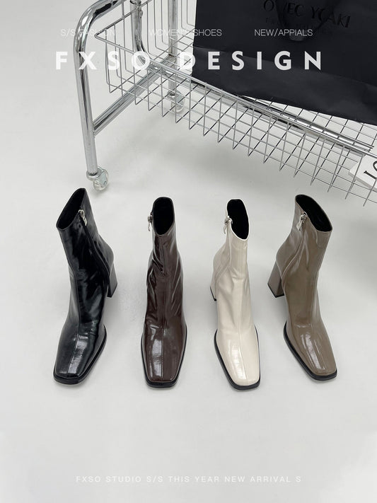 Giày boots mũi vuông cổ thấp gót vuông