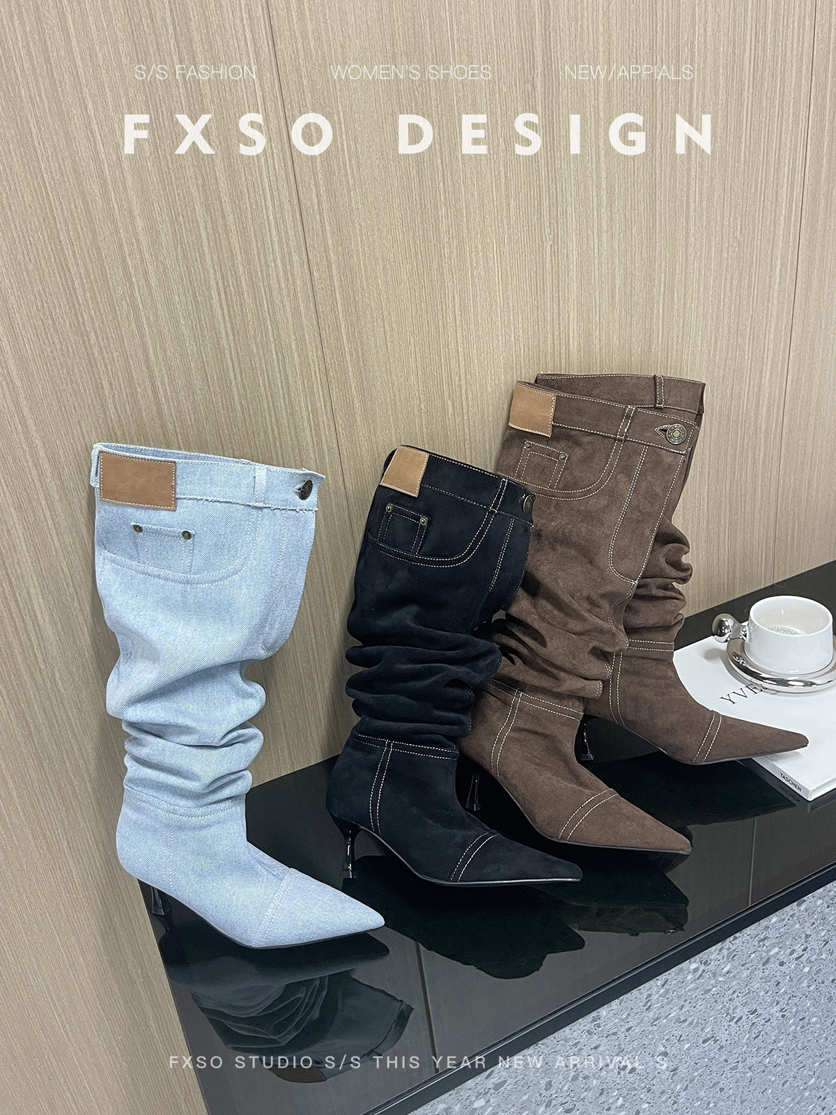 Giày boots da cao gót phong cách jean thời trang