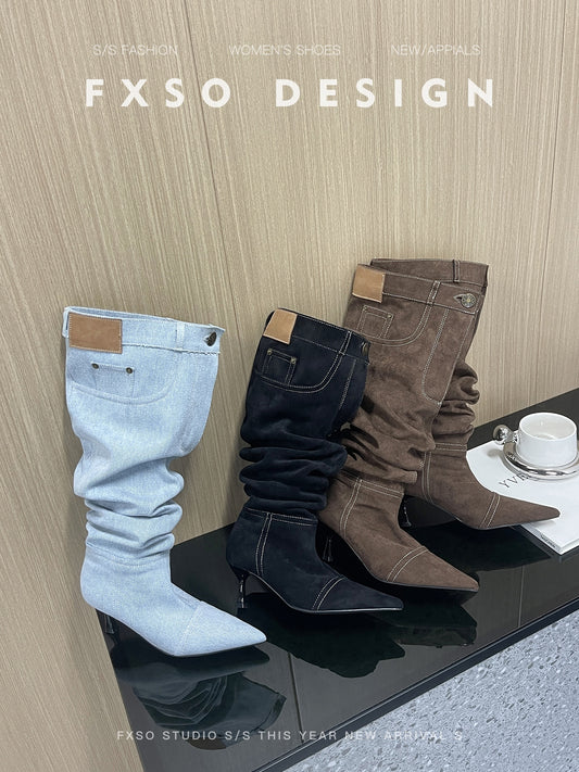 Giày boots da cao gót phong cách jean thời trang