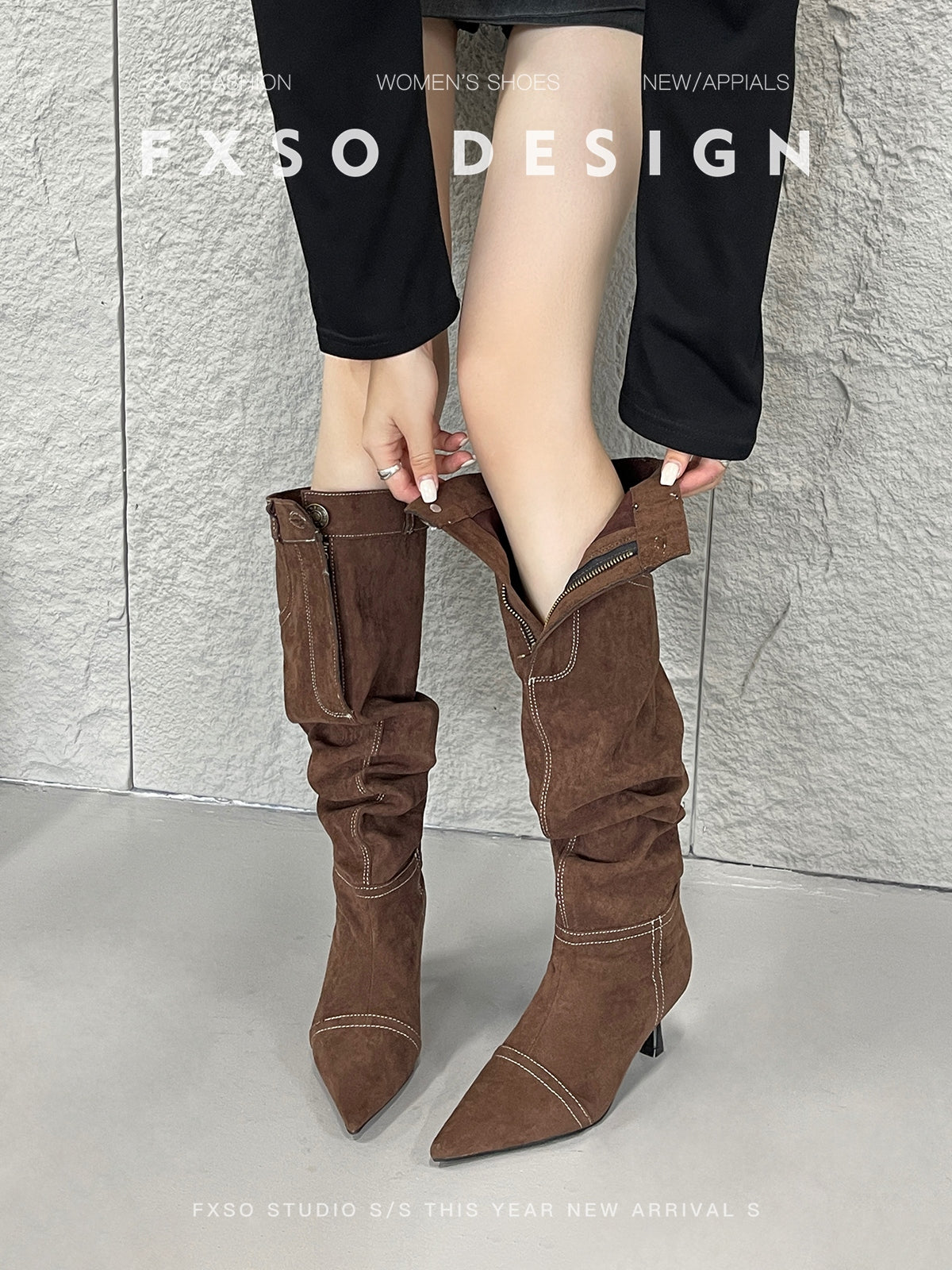 Giày boots da cao gót phong cách jean thời trang