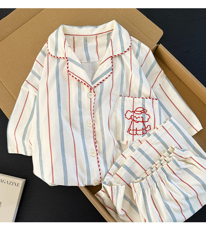 Pijama tay ngắn quần đùi sọc xanh đỏ hình cún