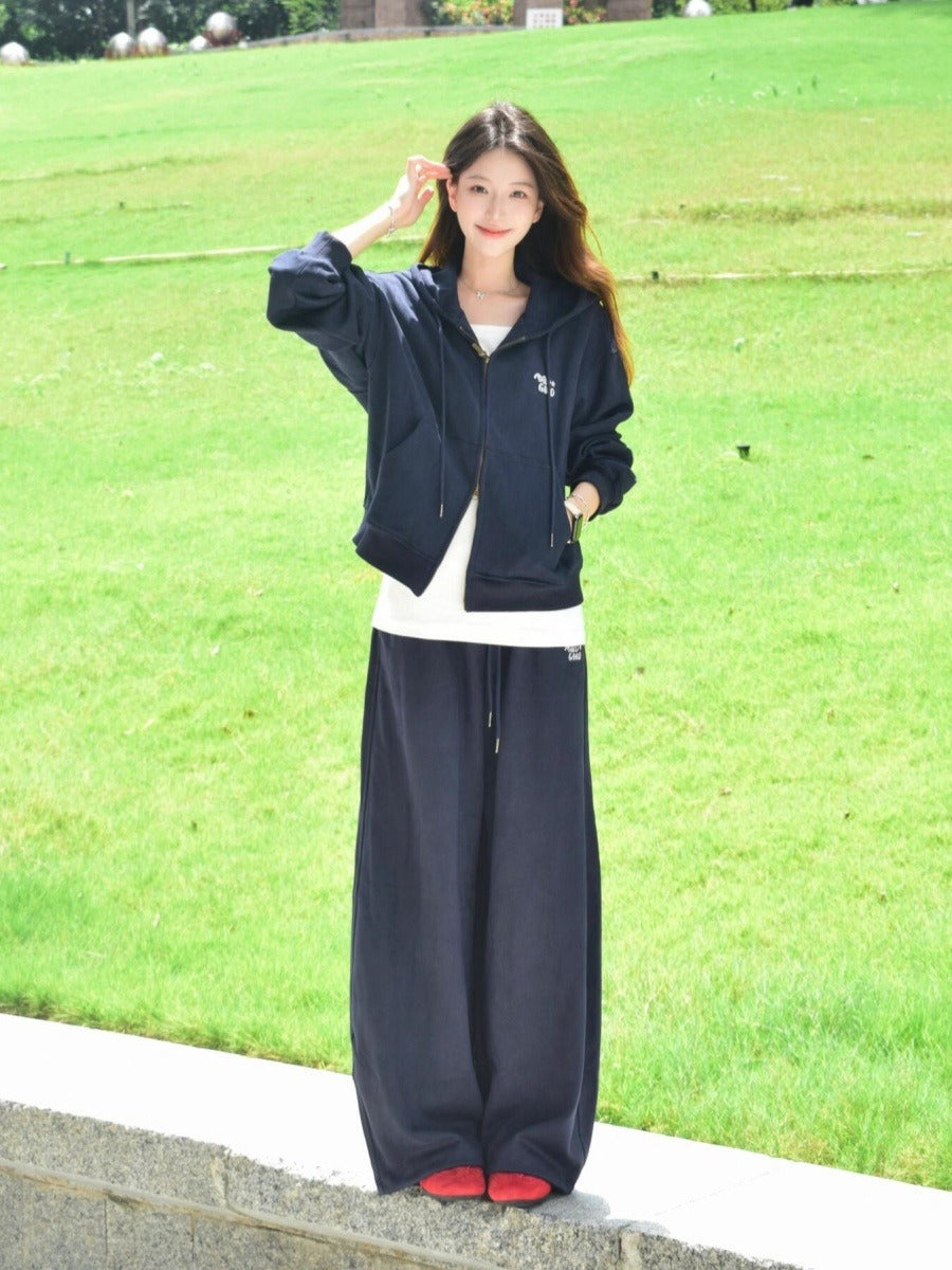 Bộ cotton áo khoác 2 khóa kéo và quần suông