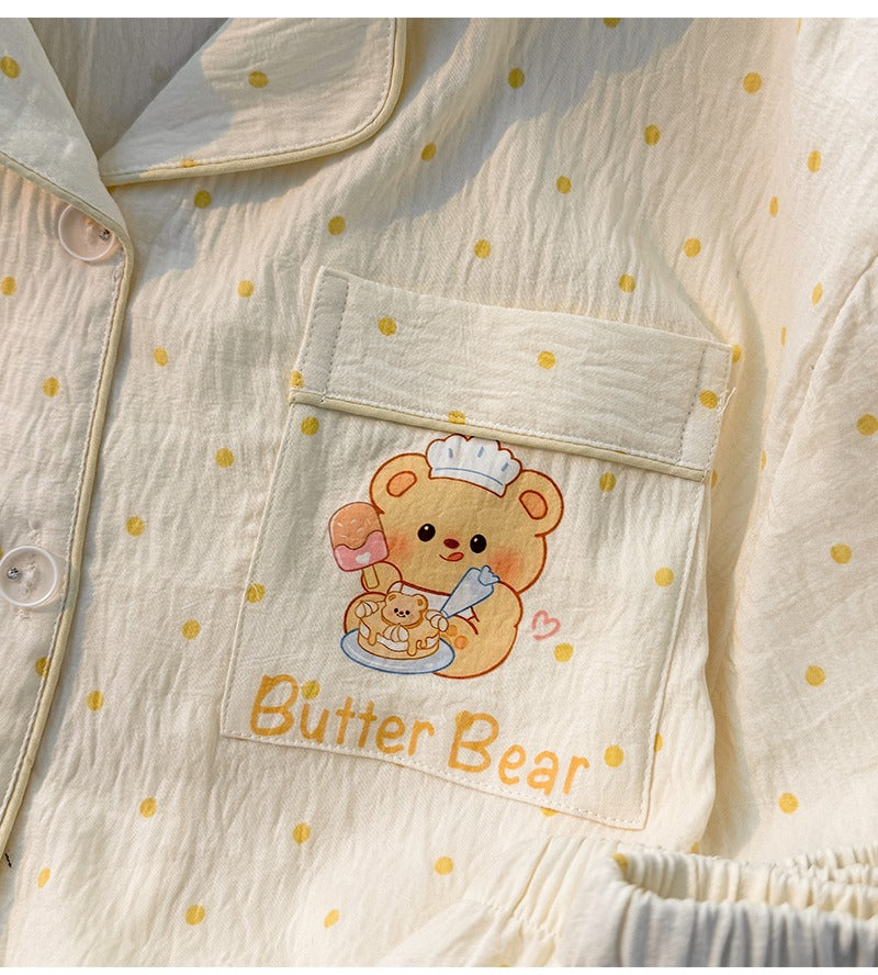 Bộ ngủ kem chấm bi vàng Butter Bear dài - ngắn