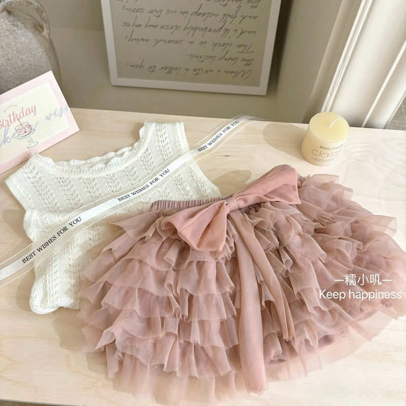 Set áo ba lỗ dệt kim và váy voan tầng cho bé gái