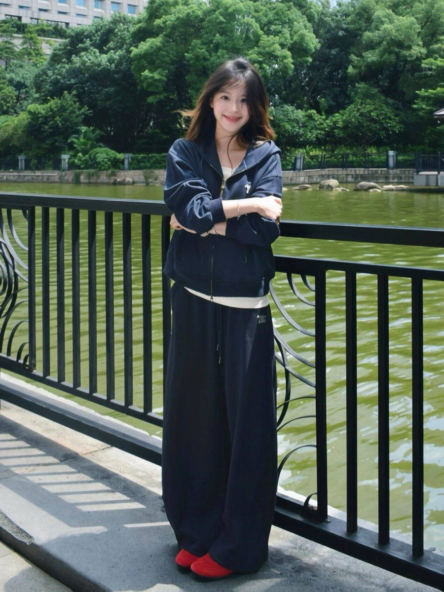 Bộ cotton áo khoác 2 khóa kéo và quần suông