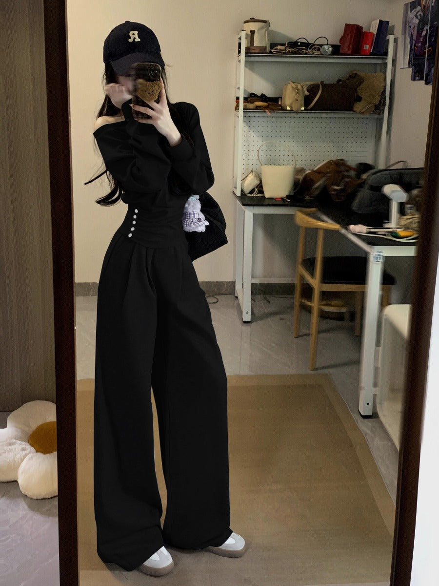Bộ cotton lệch vai ôm eo tôn dáng thu đông