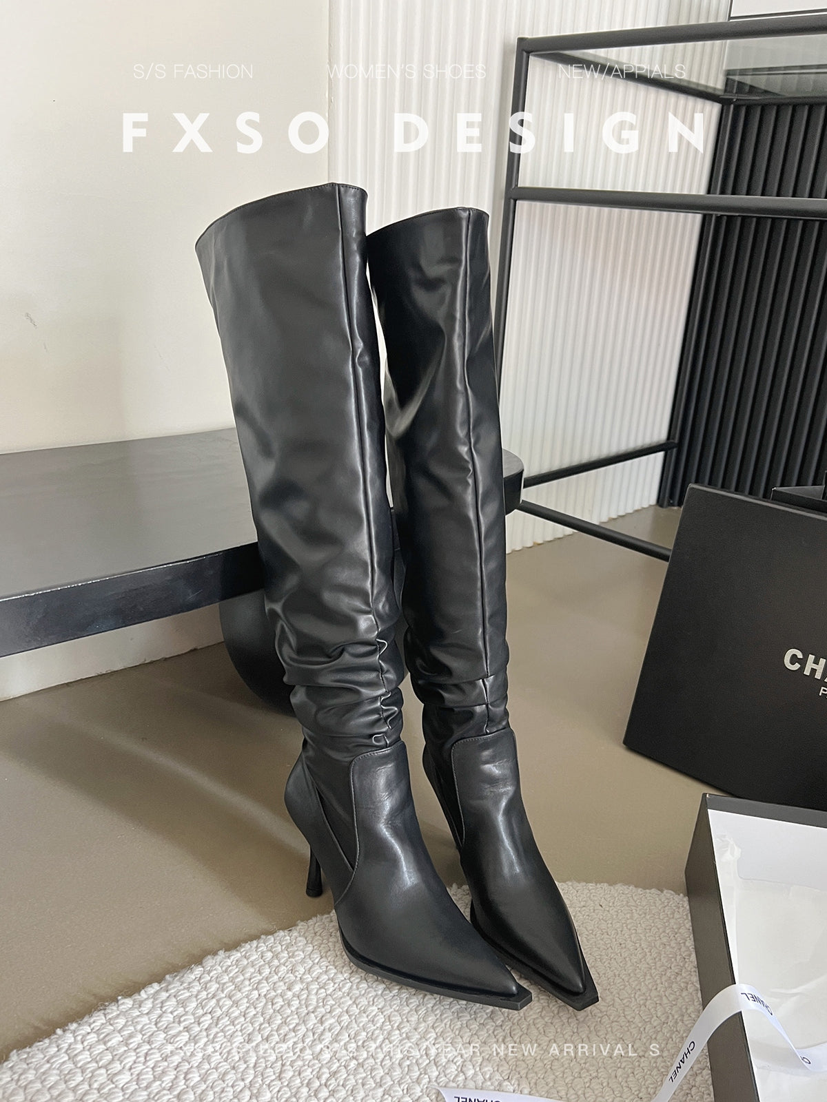 Giày boots cao gót mũi nhọn cổ cao