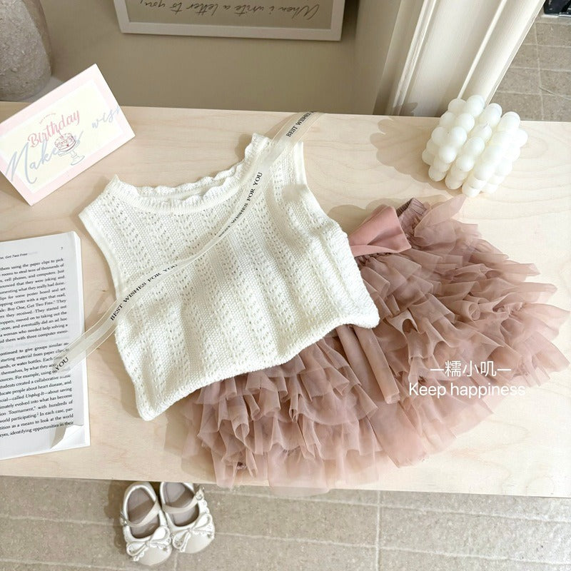 Set áo ba lỗ dệt kim và váy voan tầng cho bé gái