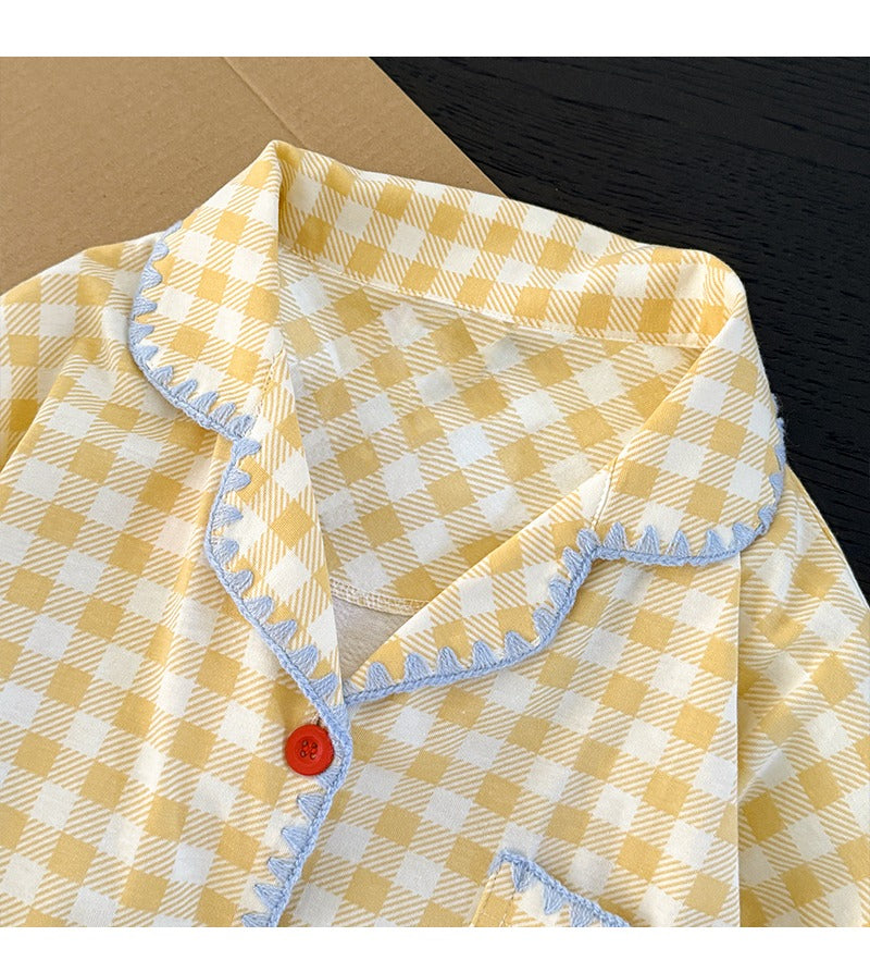 Pijama đùi caro vàng trái táo cotton thoáng mát