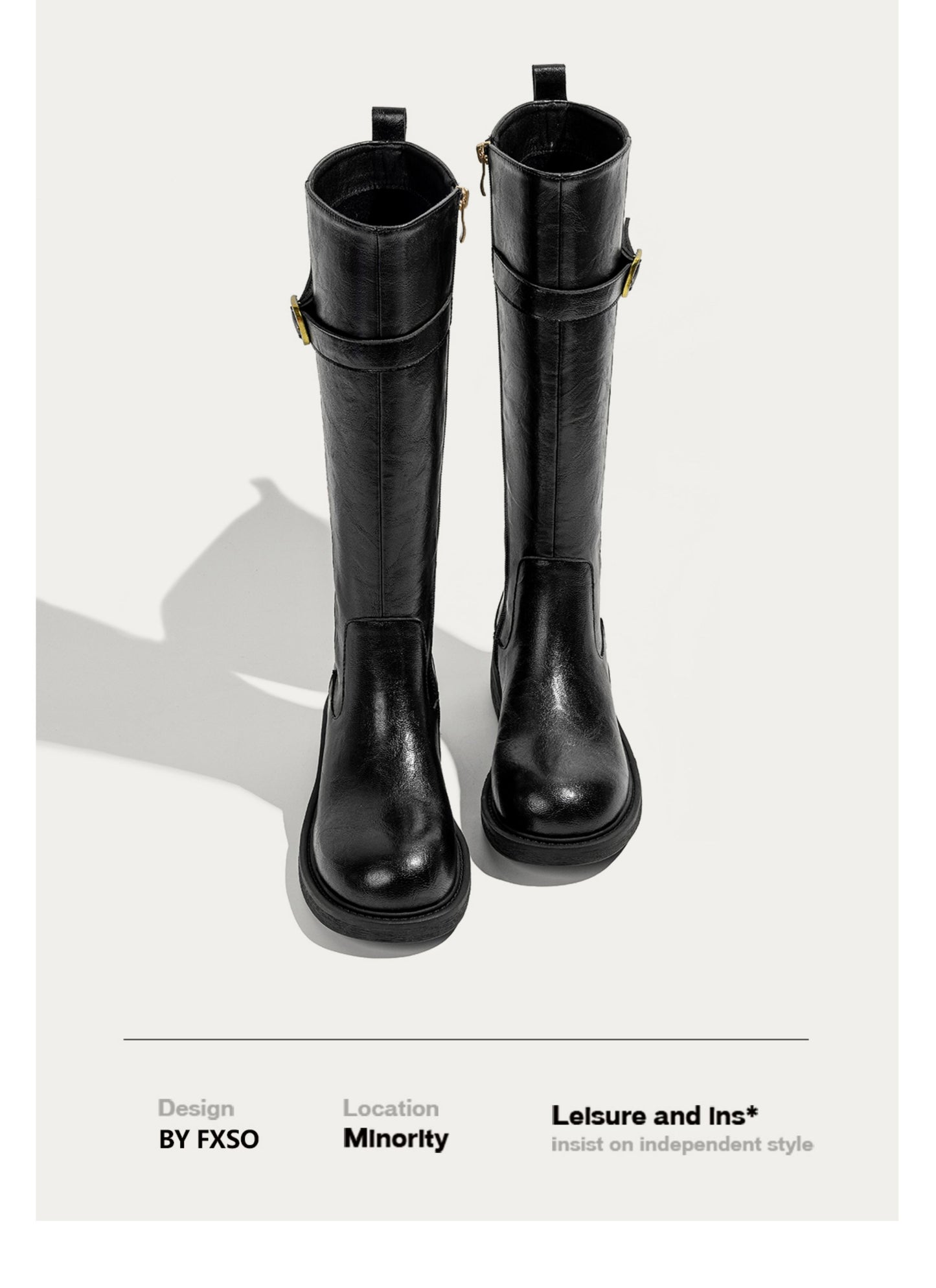 Giày boots da cổ cao mũi tròn trơn khóa cài trang trí