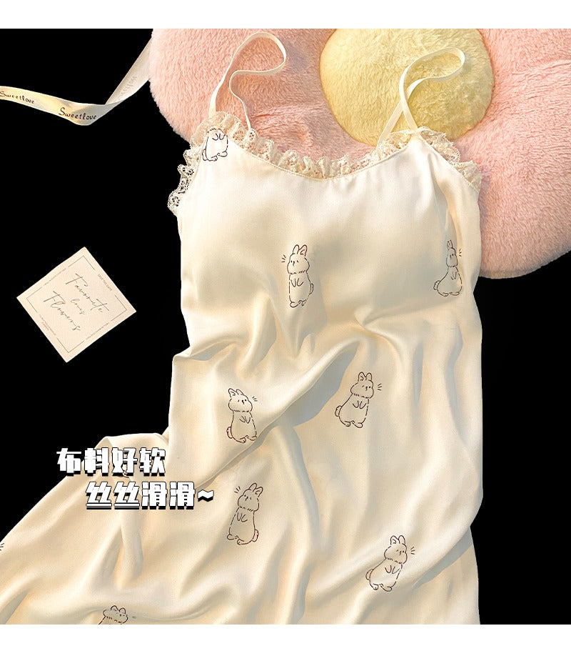 Váy ngủ 2 dây lụa băng họa tiết thỏ