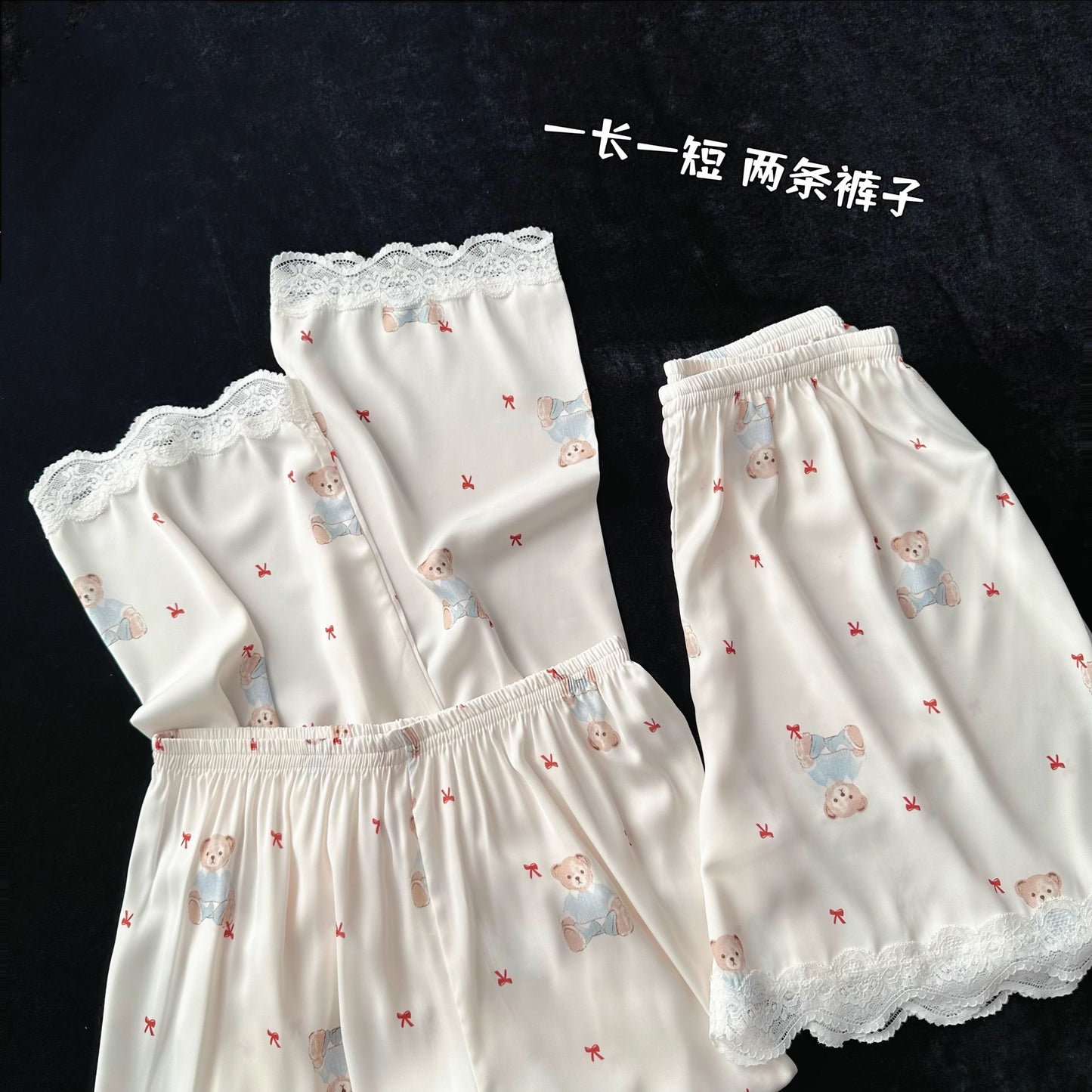 Pijama lụa băng gấu và nơ đỏ nhí dài - ngắn