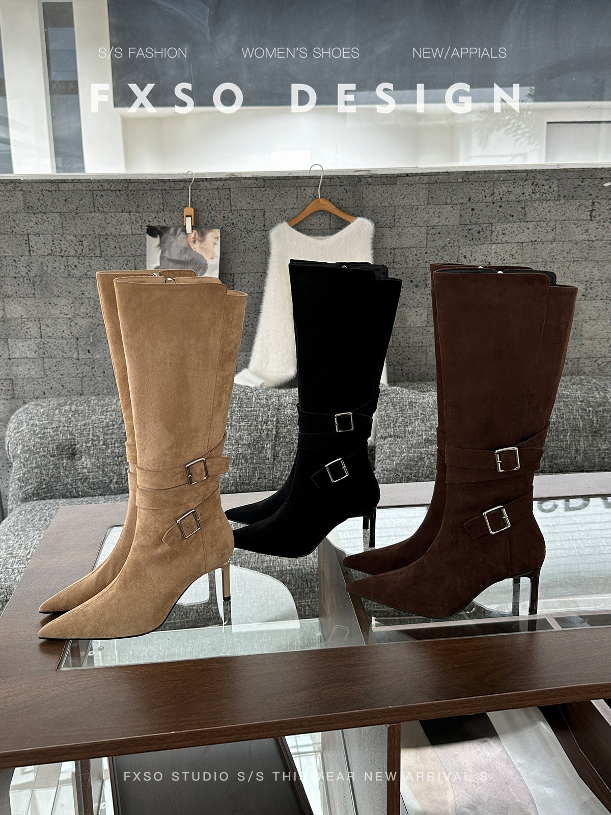 Giày boots mũi nhọn cổ cao phong cách cổ điển