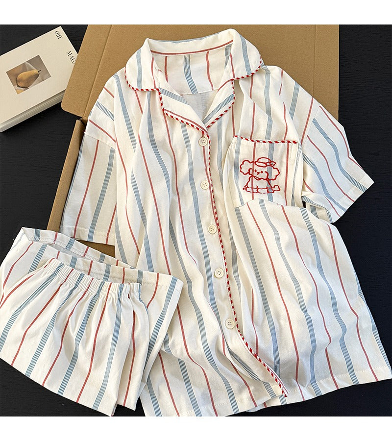 Pijama tay ngắn quần đùi sọc xanh đỏ hình cún