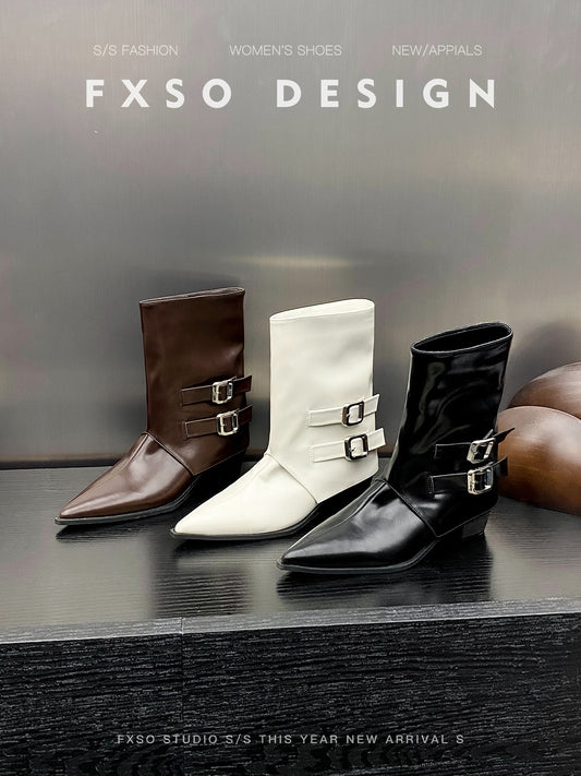 Giày boots mũi nhọn cổ thấp phong cách cao bồi