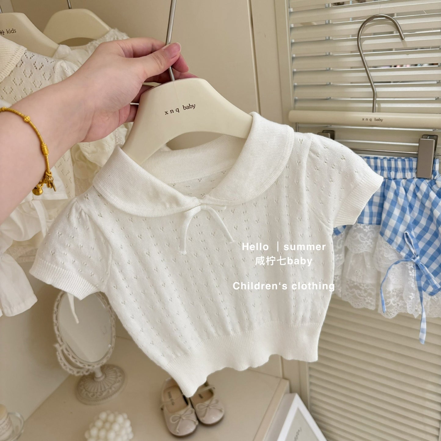 Set áo thun dệt kim chân váy caro xanh phối ren