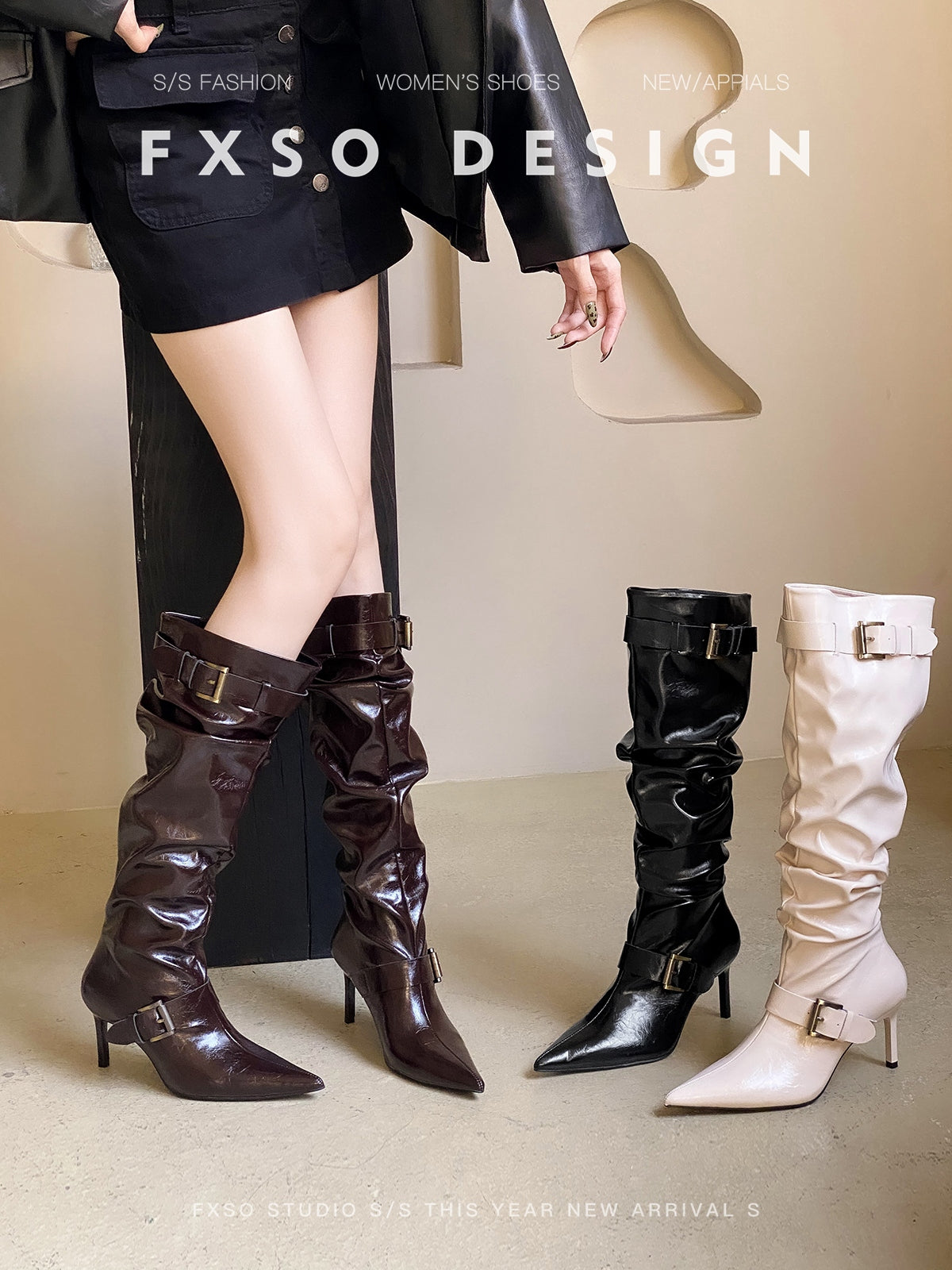 Giày boots cao gót mũi nhọn da nhún