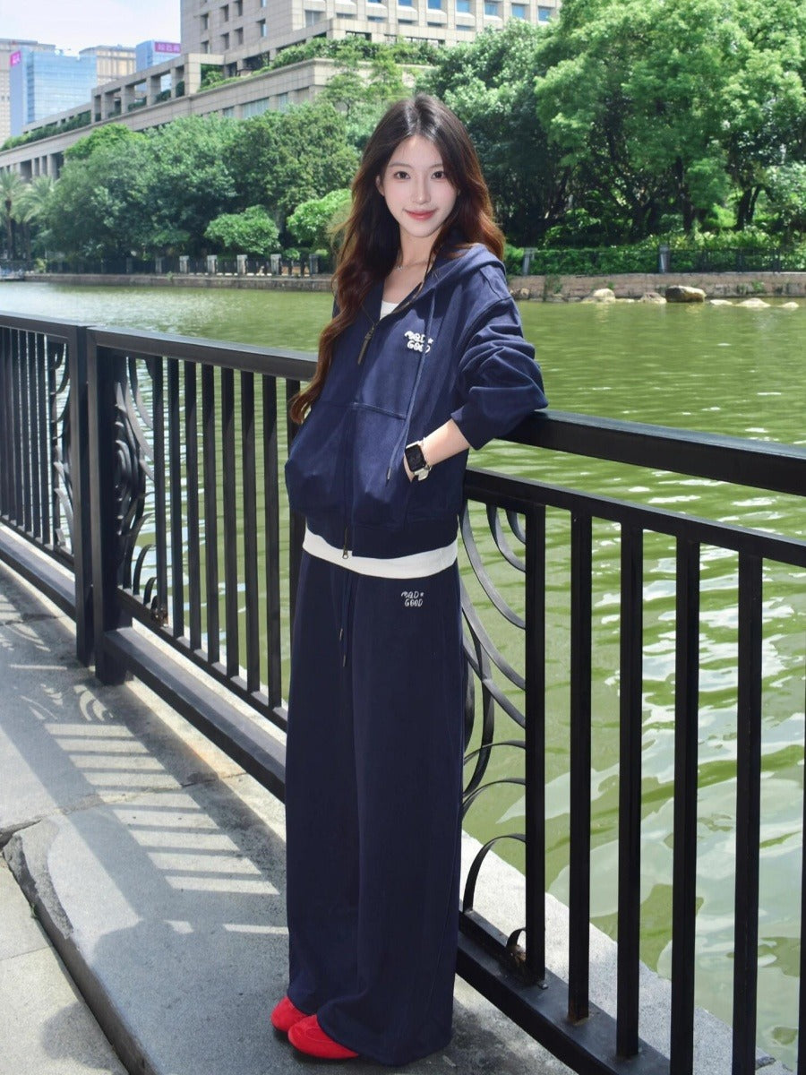Bộ cotton áo khoác 2 khóa kéo và quần suông
