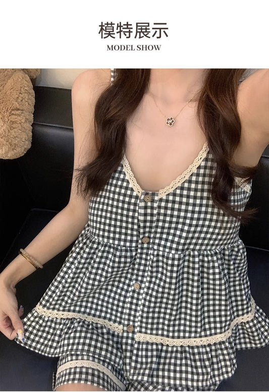Bộ ngủ 2 dây quần đùi caro trắng đen
