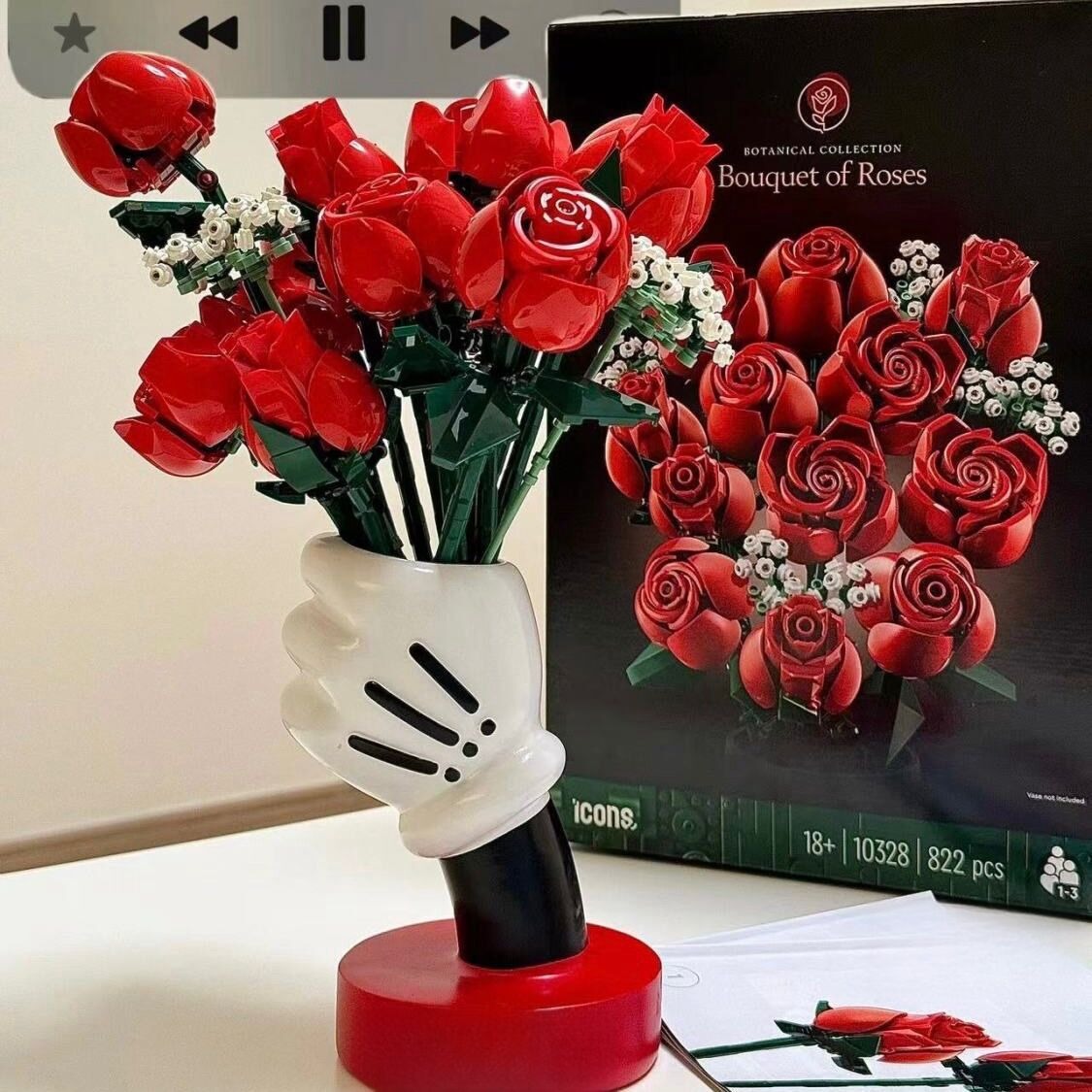 Lego hoa hồng đỏ bó cầm tay, giỏ, bình hoa