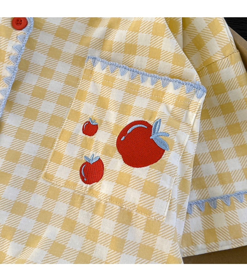 Pijama đùi caro vàng trái táo cotton thoáng mát