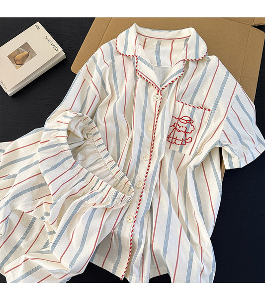 Pijama tay ngắn quần đùi sọc xanh đỏ hình cún