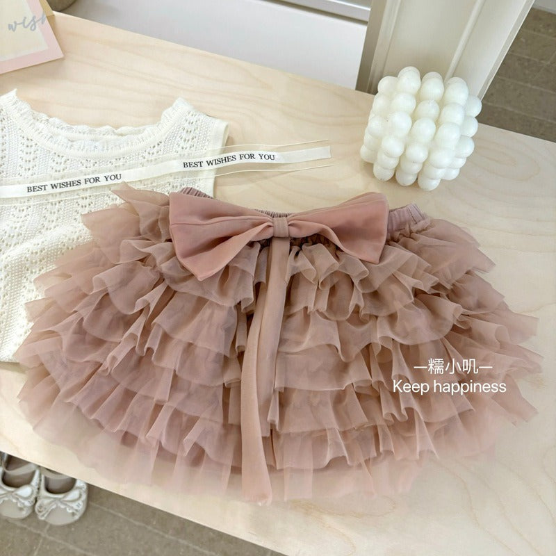 Set áo ba lỗ dệt kim và váy voan tầng cho bé gái