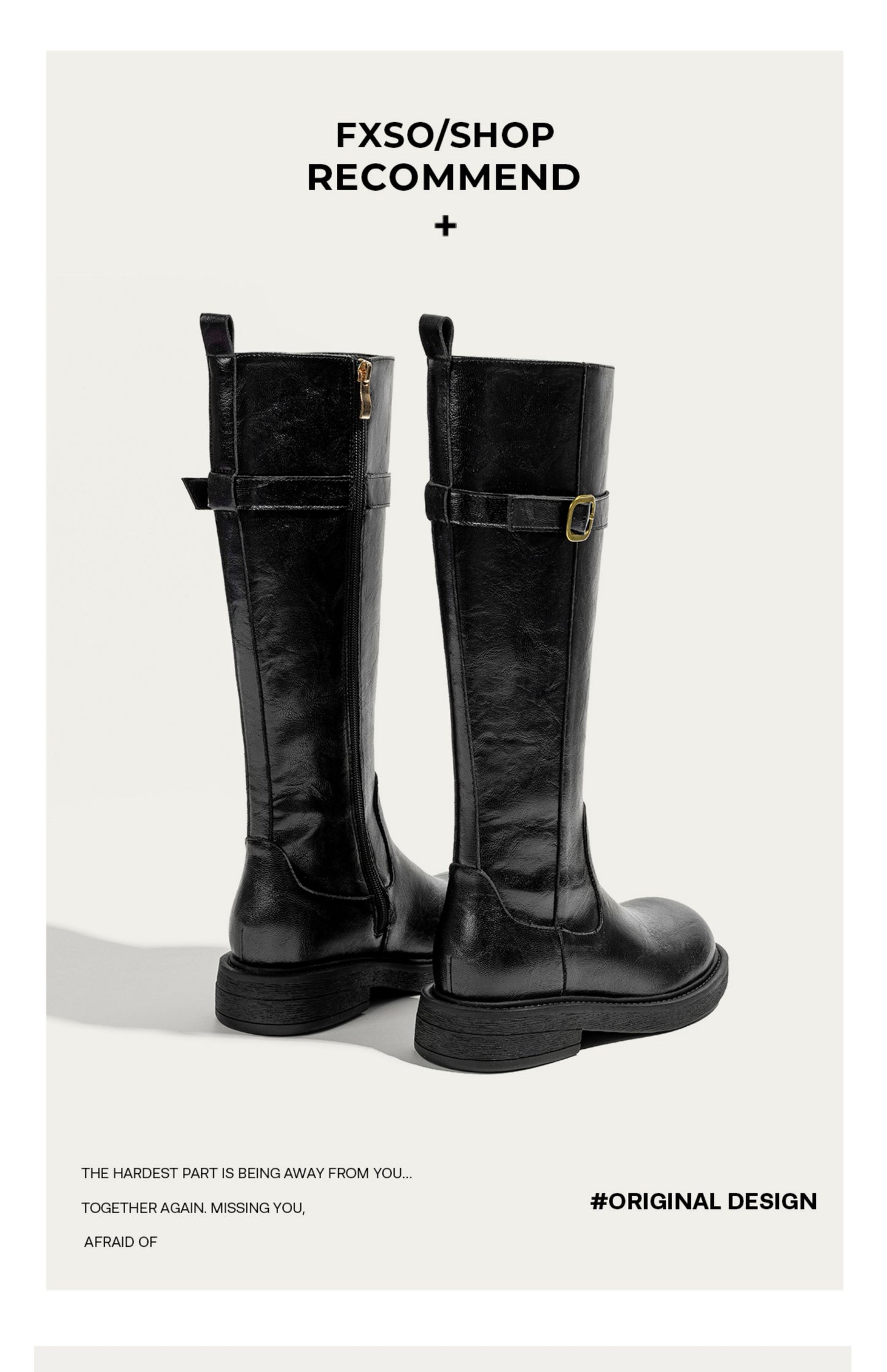 Giày boots da cổ cao mũi tròn trơn khóa cài trang trí