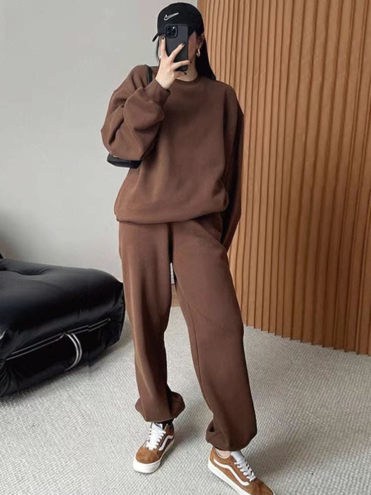 Bộ nỉ trơn cổ tròn quần jogger thu đông nhiều màu