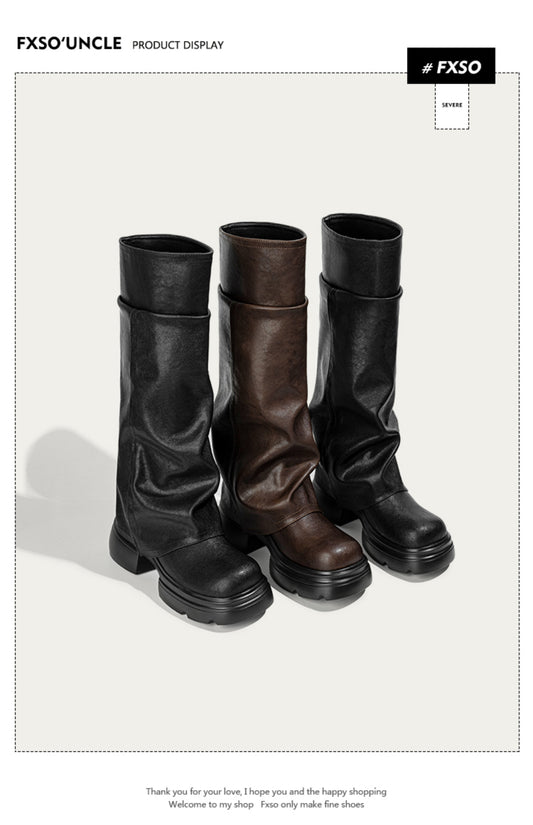 Giày boots da cổ cao đế dày kiểu ống quần