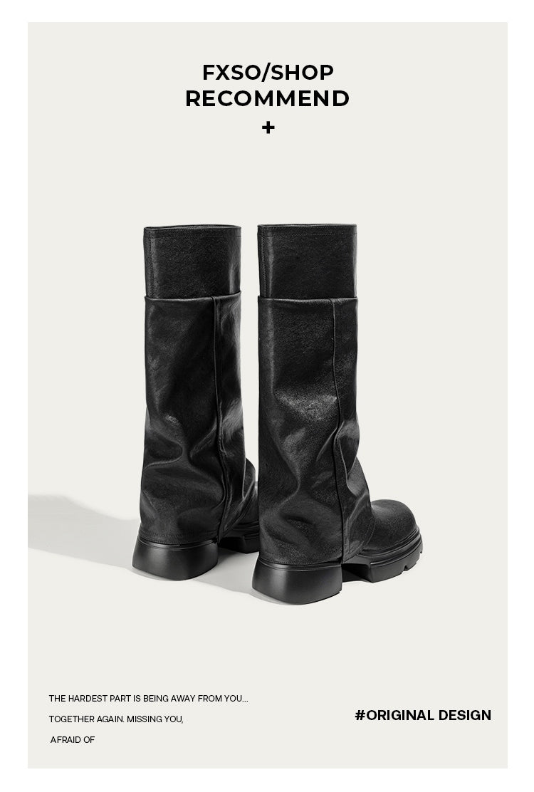 Giày boots da cổ cao đế dày kiểu ống quần