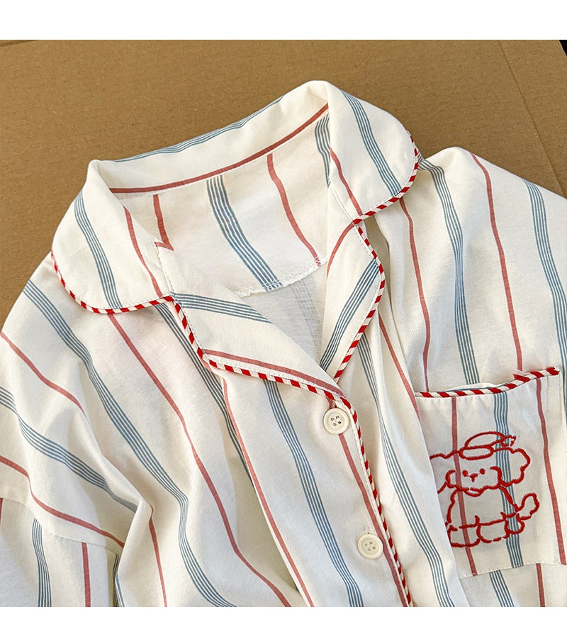 Pijama tay ngắn quần đùi sọc xanh đỏ hình cún