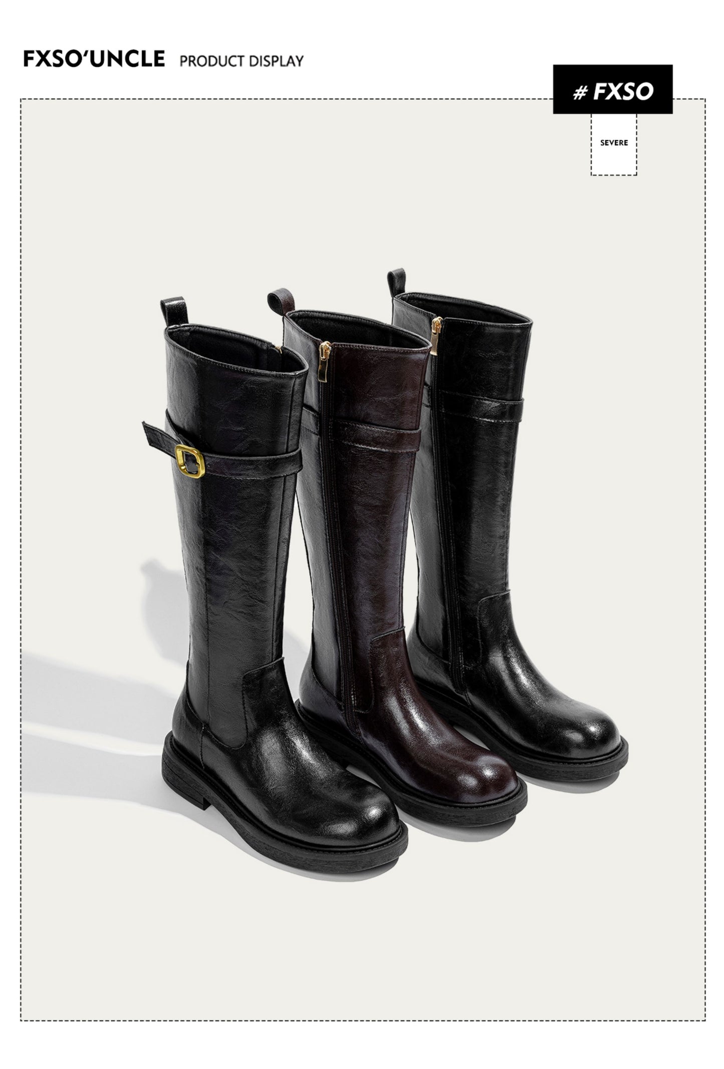 Giày boots da cổ cao mũi tròn trơn khóa cài trang trí