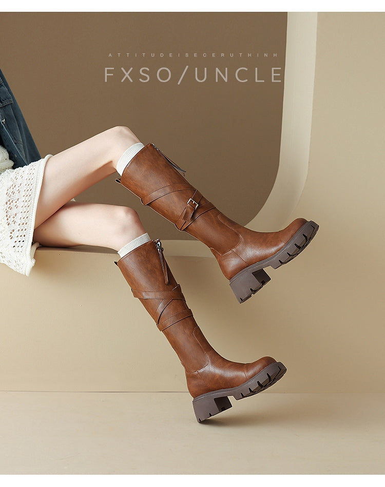 Giày boots cao cổ dây chéo khóa kéo trước