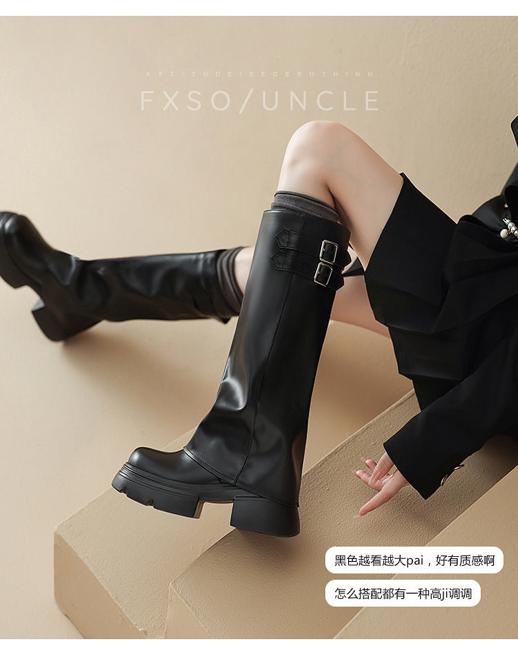 Giày boots cao cổ da trơn kiểu ống quần