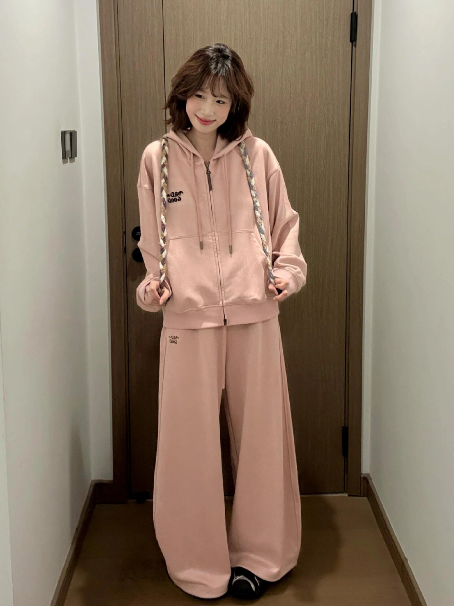 Bộ cotton áo khoác 2 khóa kéo và quần suông