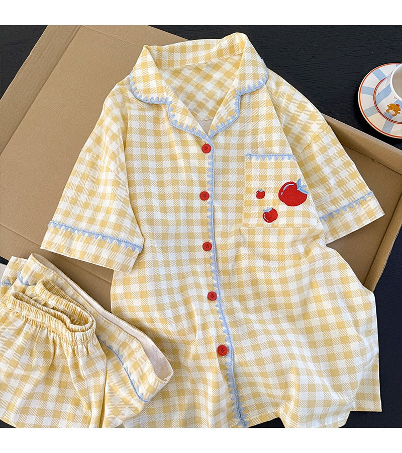 Pijama đùi caro vàng trái táo cotton thoáng mát