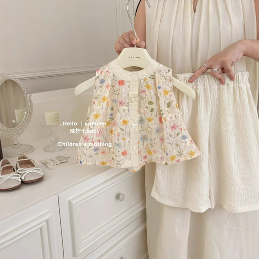 Bộ áo sát nách hoa quần suông dài màu kem cho bé gái