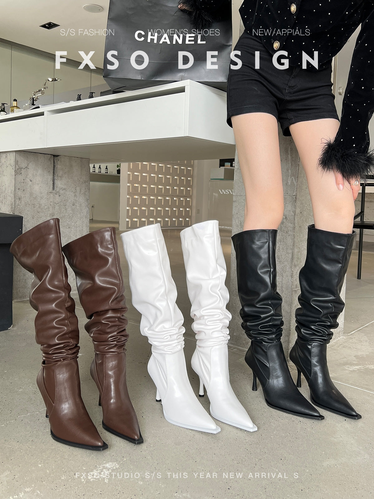Giày boots cao gót mũi nhọn cổ cao