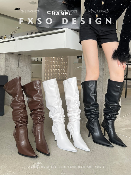 Giày boots cao gót mũi nhọn cổ cao