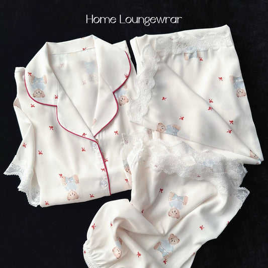 Pijama lụa băng gấu và nơ đỏ nhí dài - ngắn