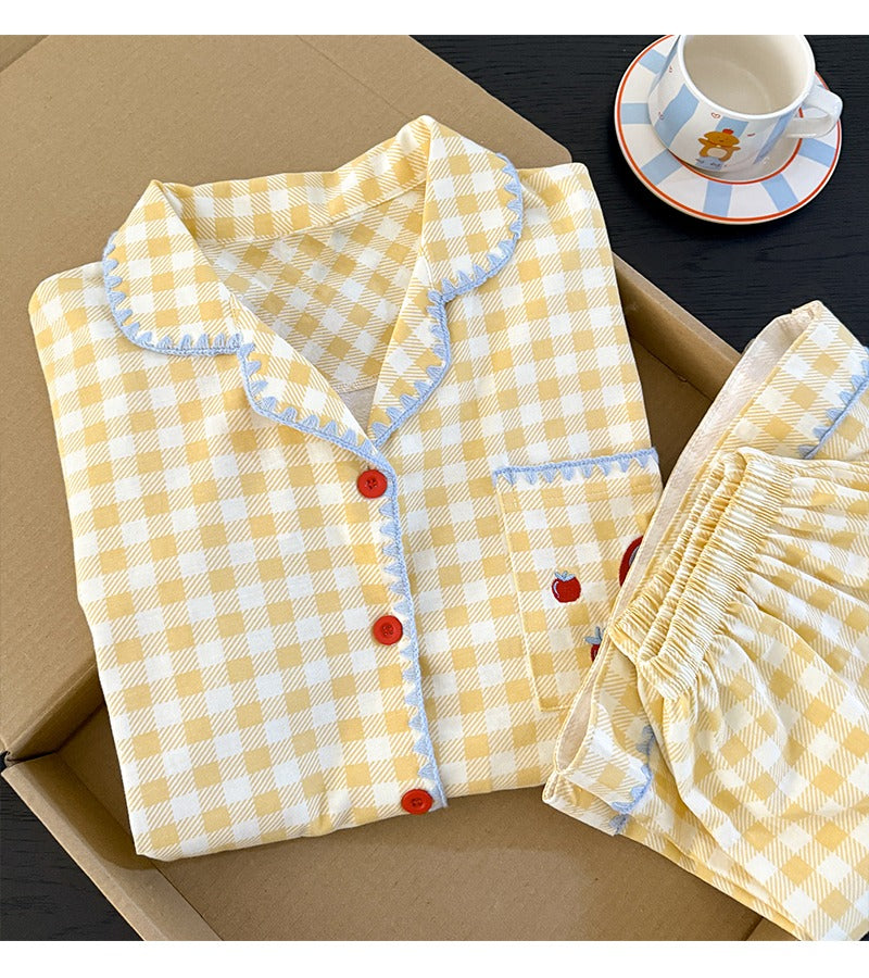 Pijama đùi caro vàng trái táo cotton thoáng mát