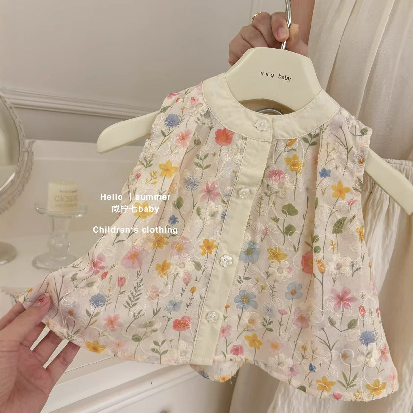 Bộ áo sát nách hoa quần suông dài màu kem cho bé gái