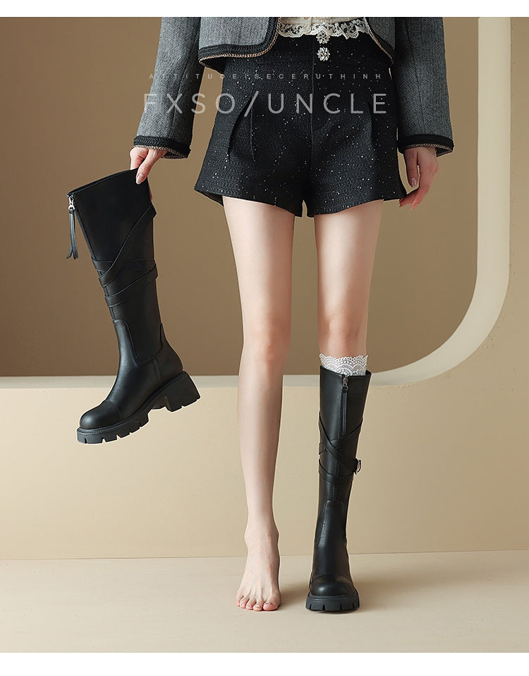 Giày boots cao cổ dây chéo khóa kéo trước
