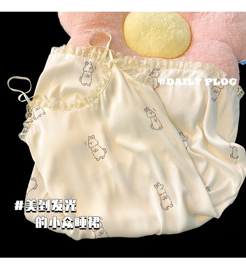 Váy ngủ 2 dây lụa băng họa tiết thỏ