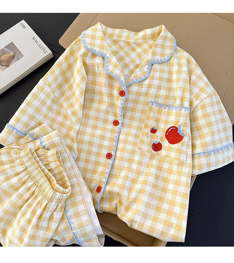Pijama đùi caro vàng trái táo cotton thoáng mát