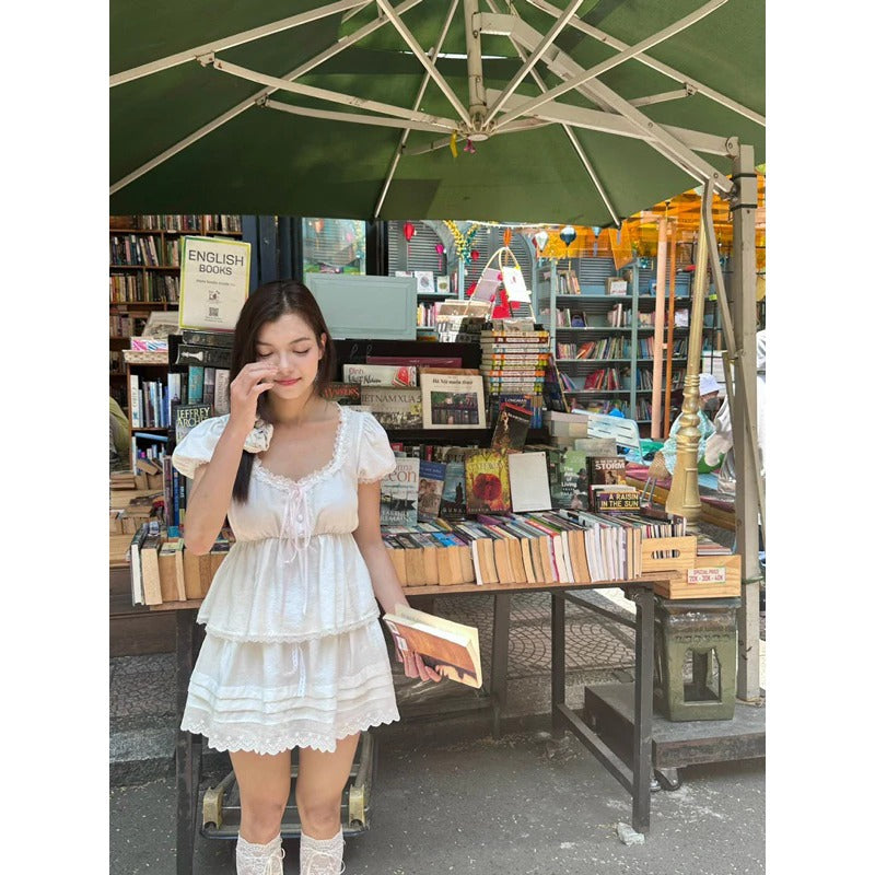 Áo babydoll viền ren nơ hồng local brand Việt Nam