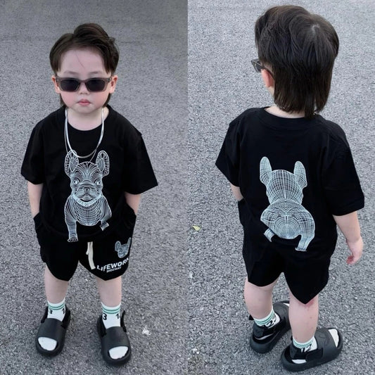 Set áo cộc tay quần đen chó trắng cho bé trai